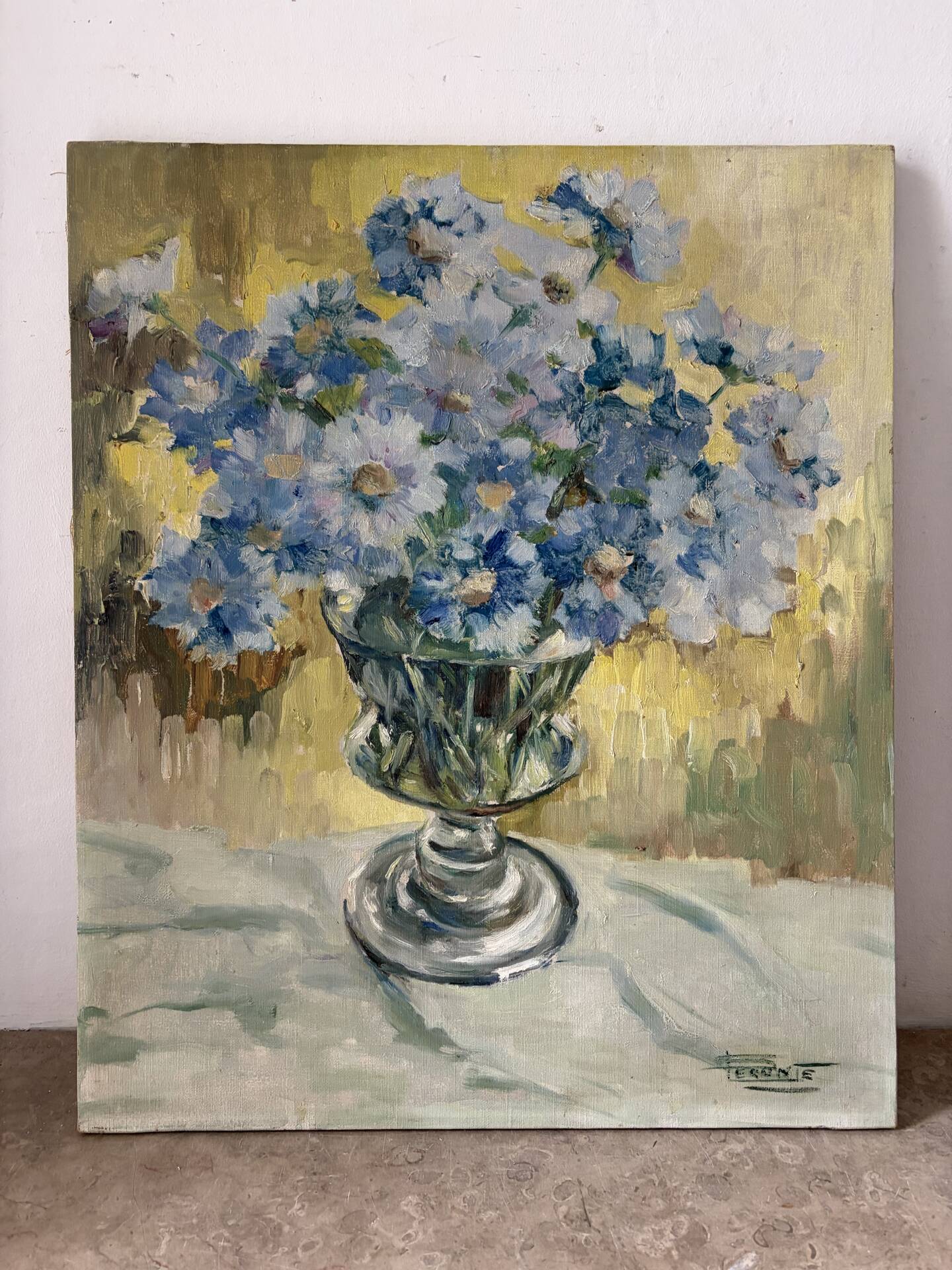 Bouquet of blue flowers, oil on canvas signed