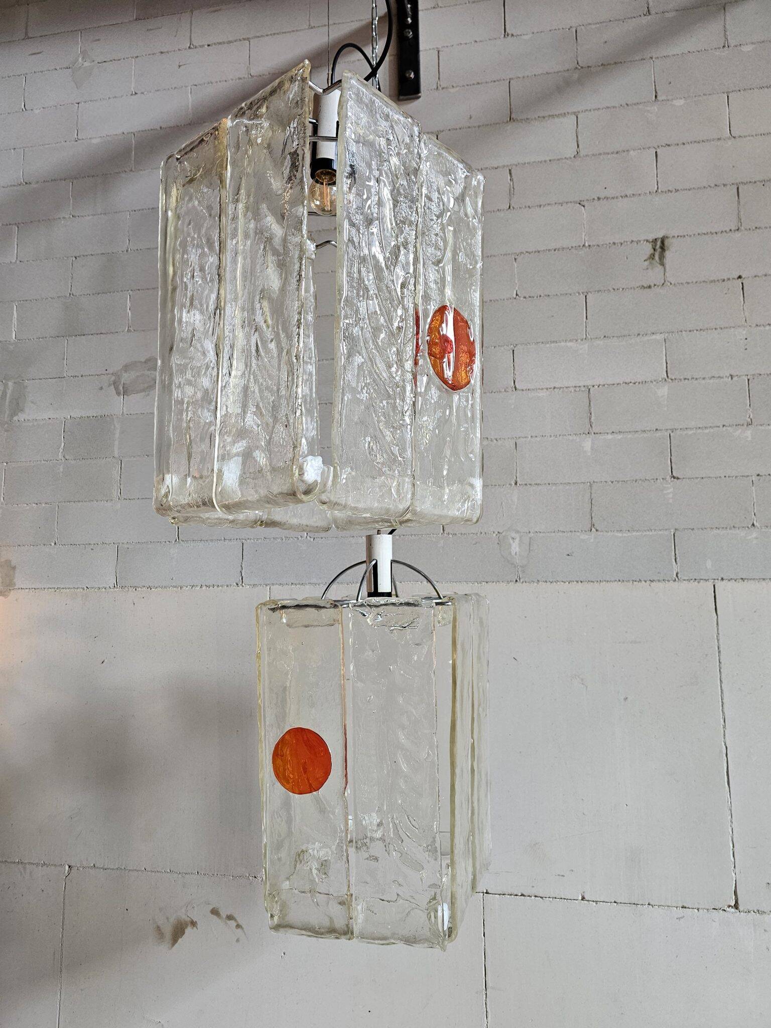 Set of 2 Aureliano Toso Murano glass ceiling lamps, ice glass, 1970s