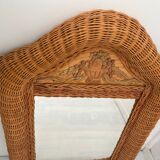 Wicker rattan mirror and carved insert 60s, 75x53 cm