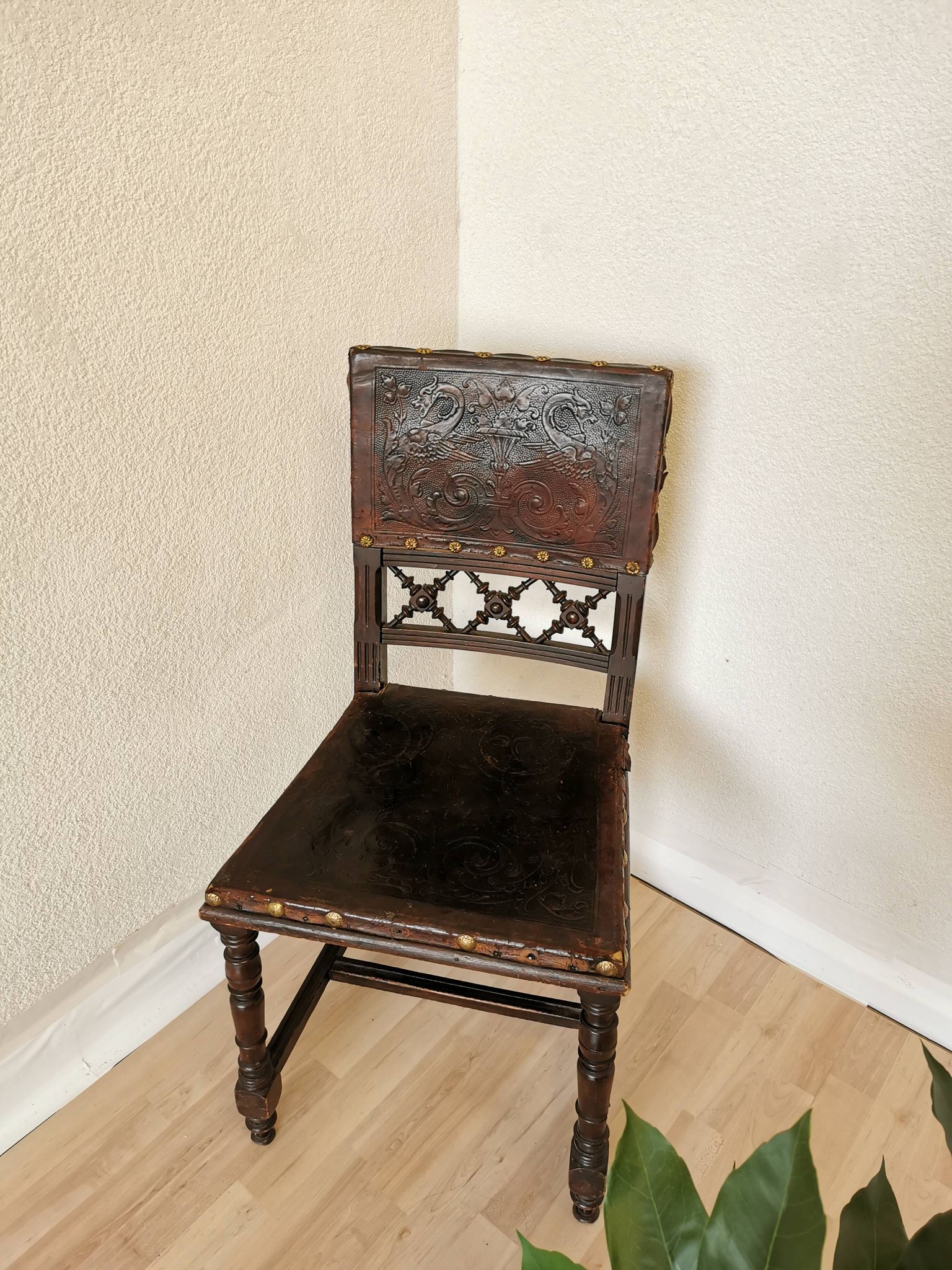 Antique 1930s Leather Dining Chair: Carved Wood Base, Metal Accents