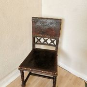 Antique 1930s Leather Dining Chair: Carved Wood Base, Metal Accents