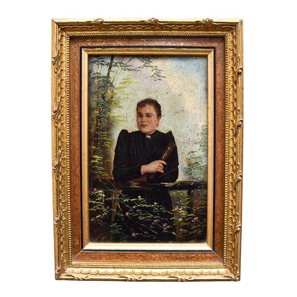 Oil painting portrait of a woman in the 19th century, old gilded frame