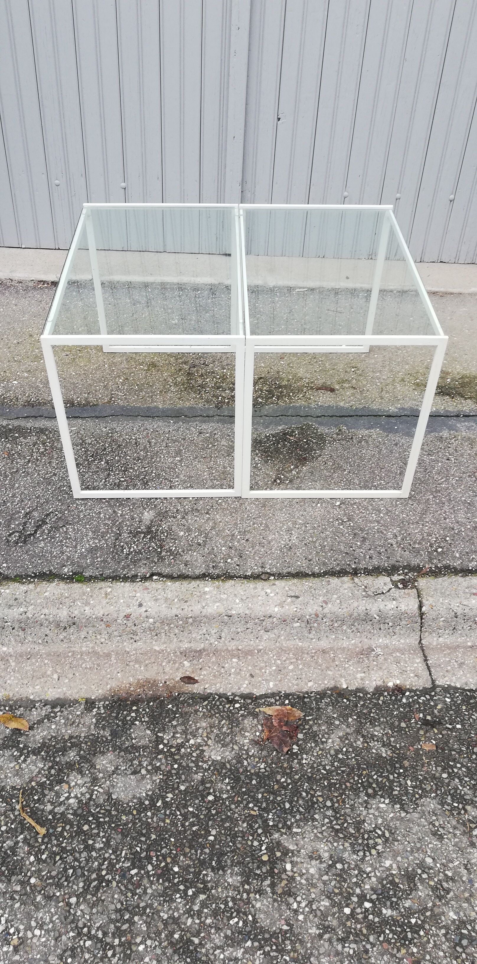 Pair of vintage metal and glass coffee tables