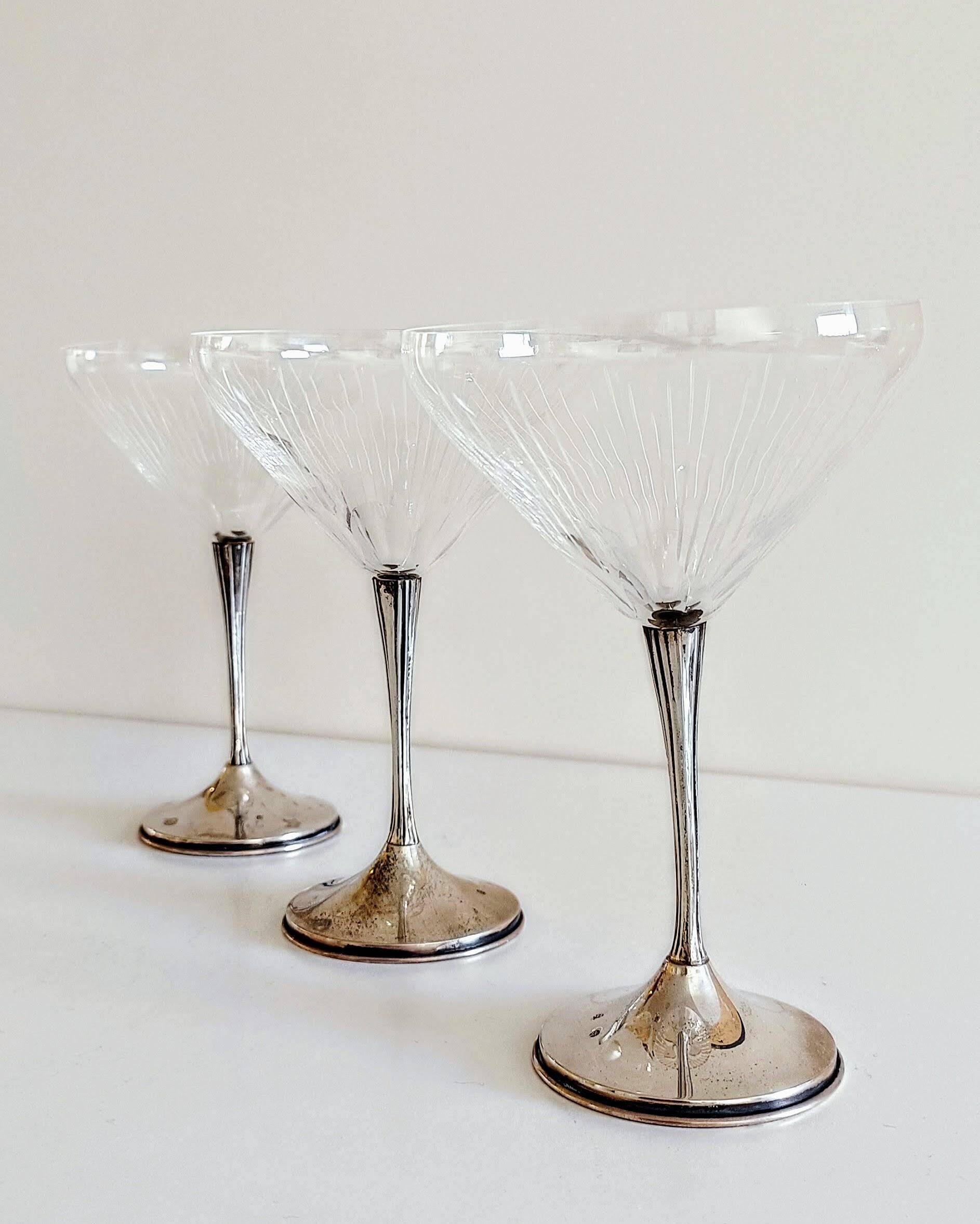 Art Deco Champagne Glasses Set of 3, Sterling Silver & Cut Glass