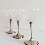 Art Deco Champagne Glasses Set of 3, Sterling Silver & Cut Glass