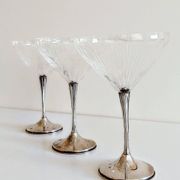 Art Deco Champagne Glasses Set of 3, Sterling Silver & Cut Glass