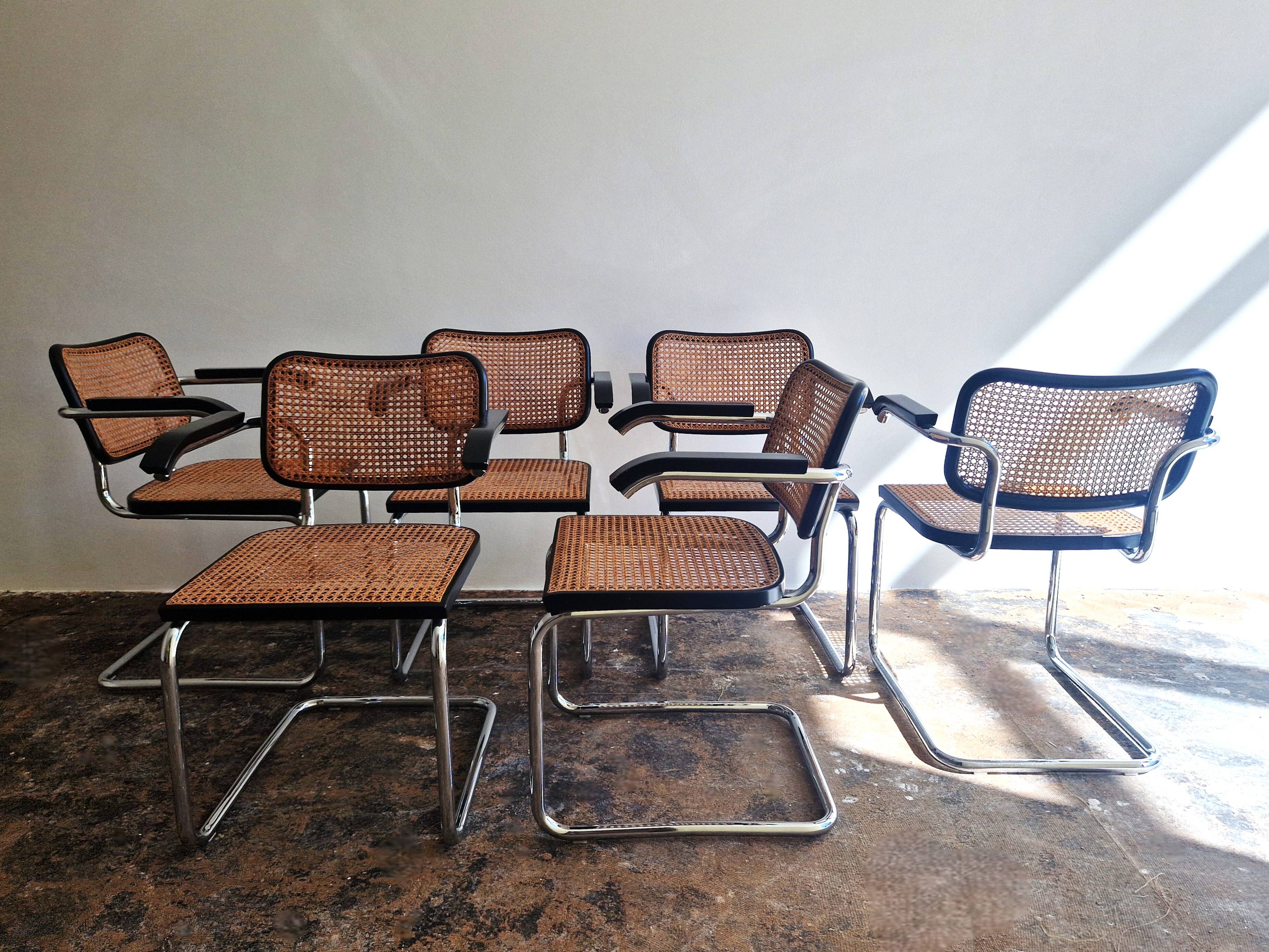 Set of 6 'Cesca' Chairs with armrests by Marcel Breuer produced by KnollStudio