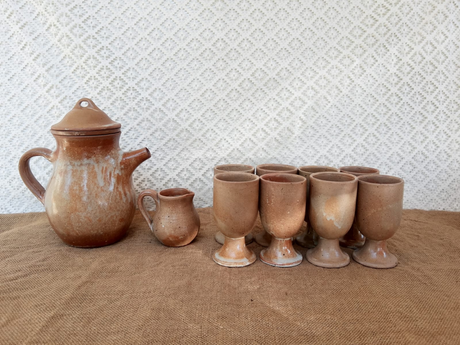 Vintage stoneware 8 mazagrans teapot and milk jug set