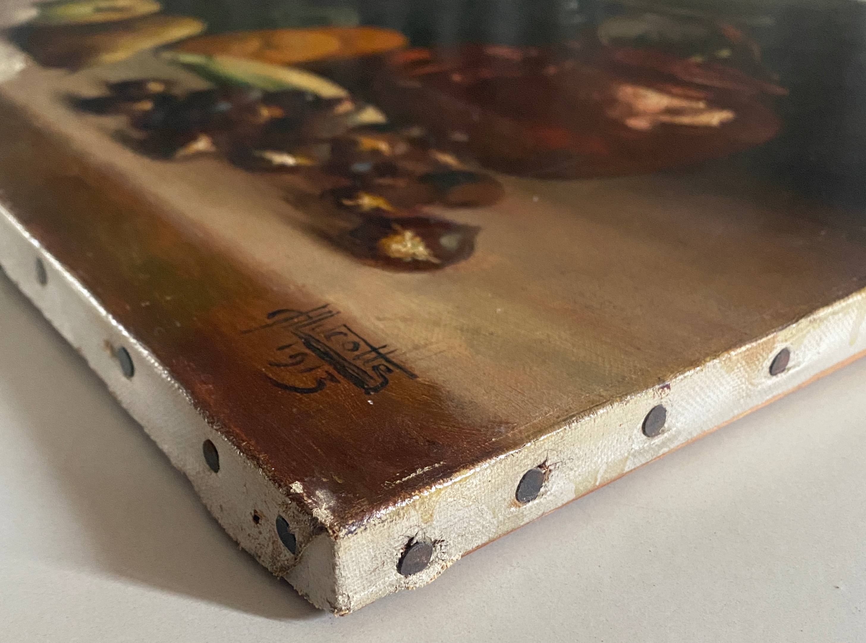 HST painting "Still life with oranges and chestnuts" signed H. Lucotte 1913