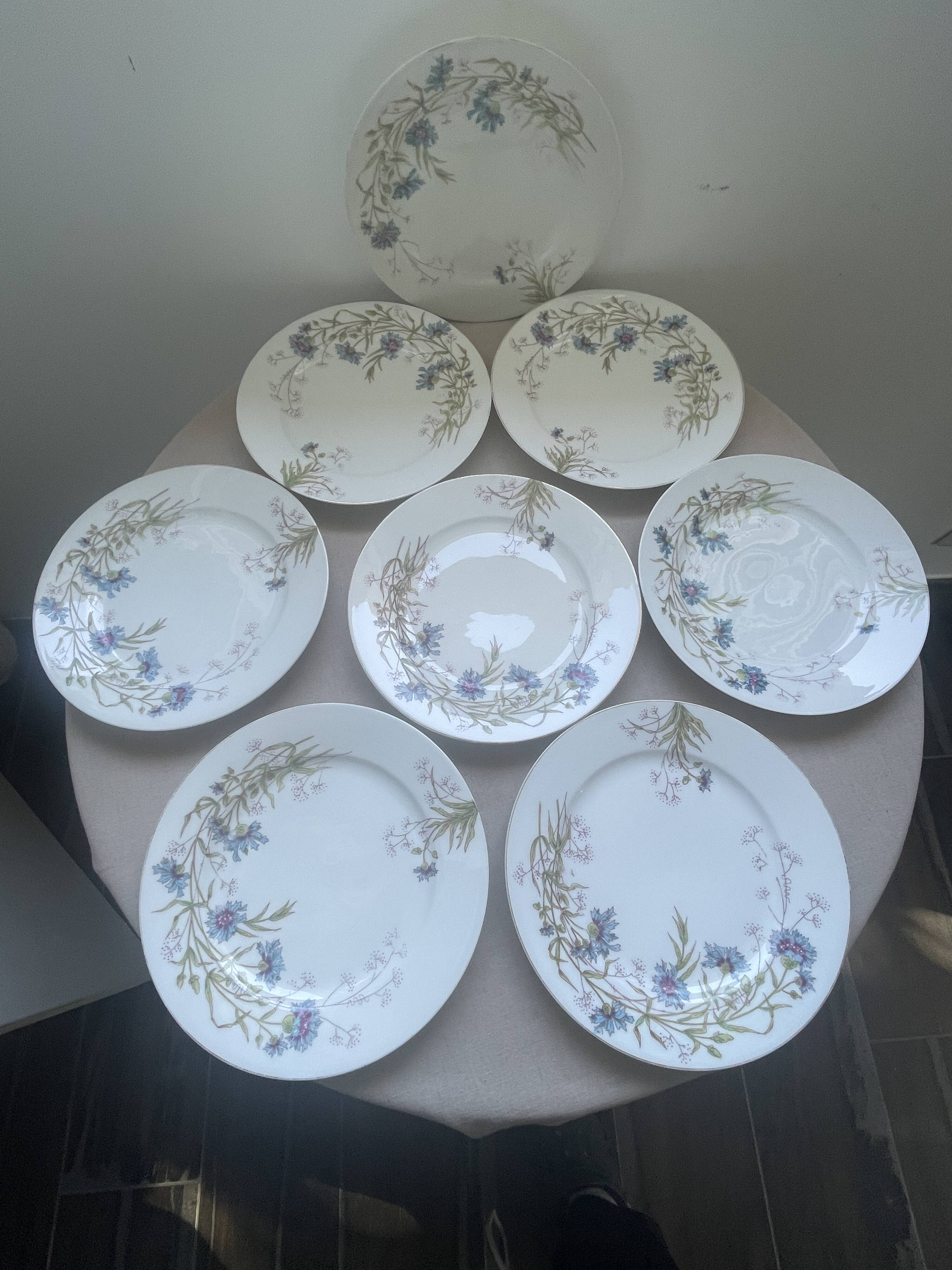 8 vintage plates with romantic chic country cornflower decoration.