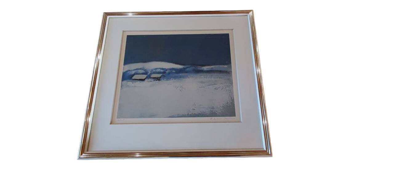 Large painting by Georges Hanskens representing a snowy landscape. Supervision by Roland Vonesch