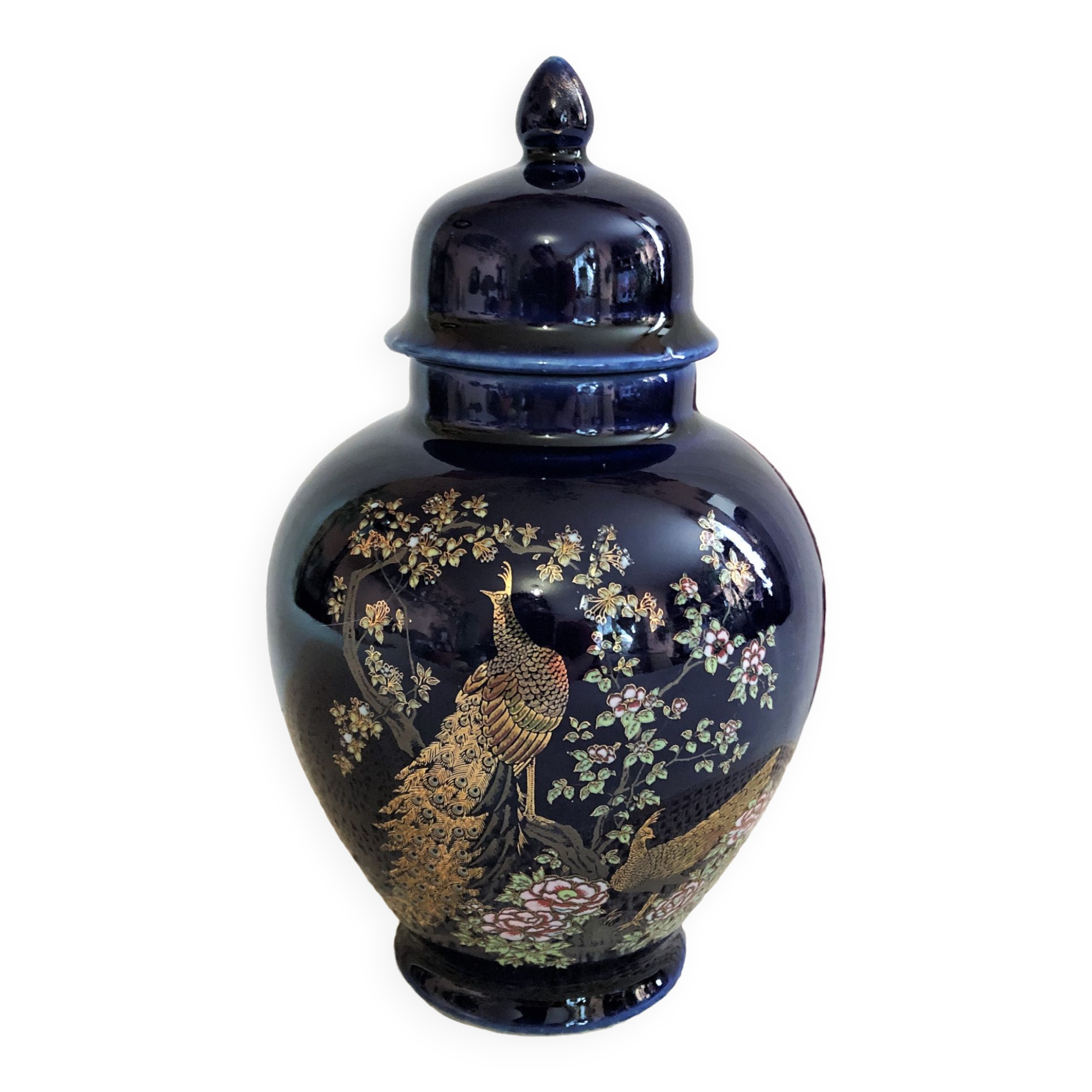 Potiche cobalt blue porcelain lid jar decorated with peacocks