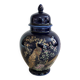 Potiche cobalt blue porcelain lid jar decorated with peacocks