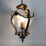 Old lantern with 3 faces, chandelier in gilded bronze and curved glass. Year 60