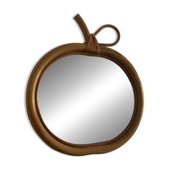 Vintage 1960s apple-shaped mirror in rattan, wicker, and bamboo - 32 x 35 cm