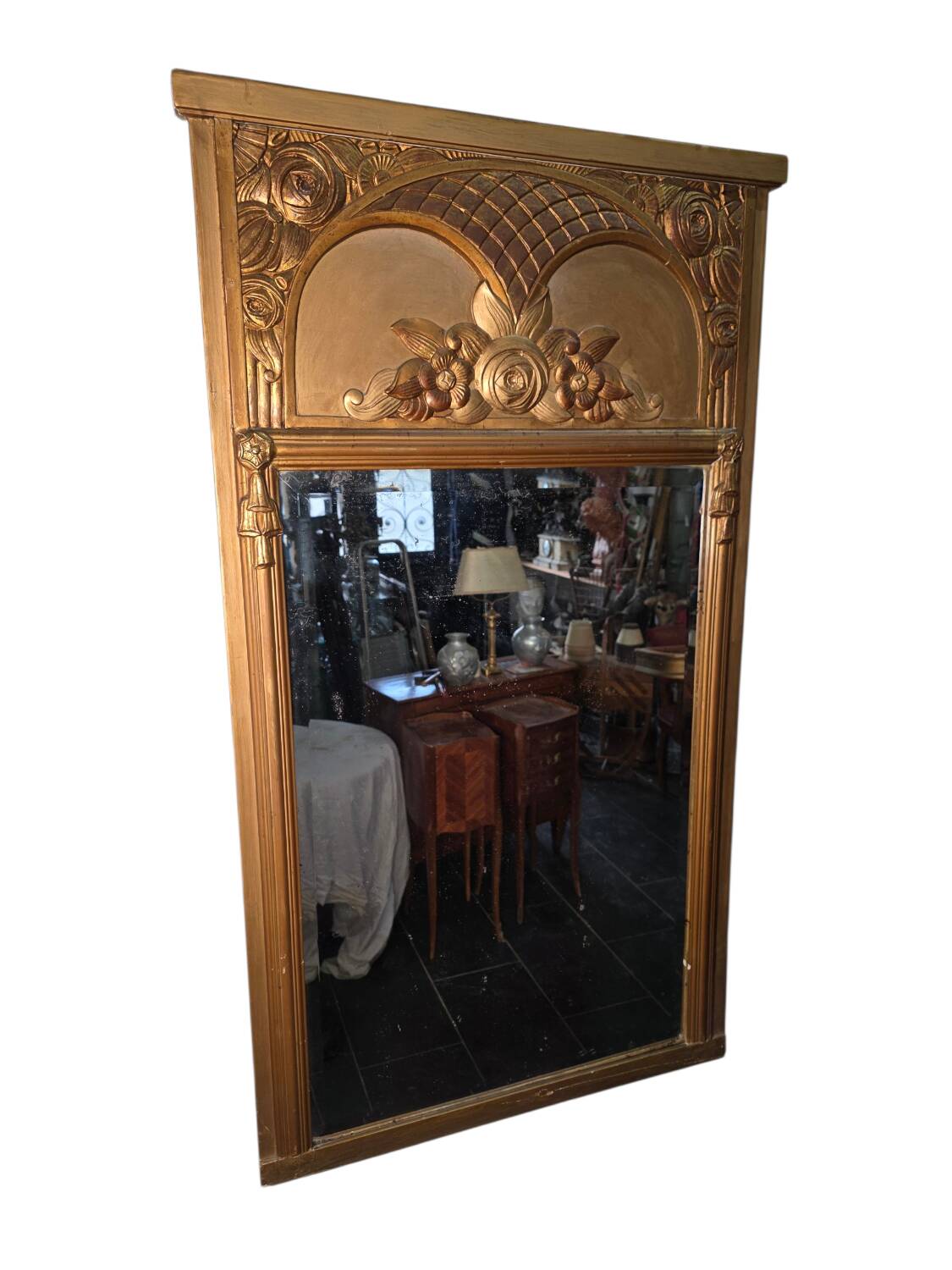 Miroir Art Déco doré années 1930 , miroir biseauté ,131cm de H