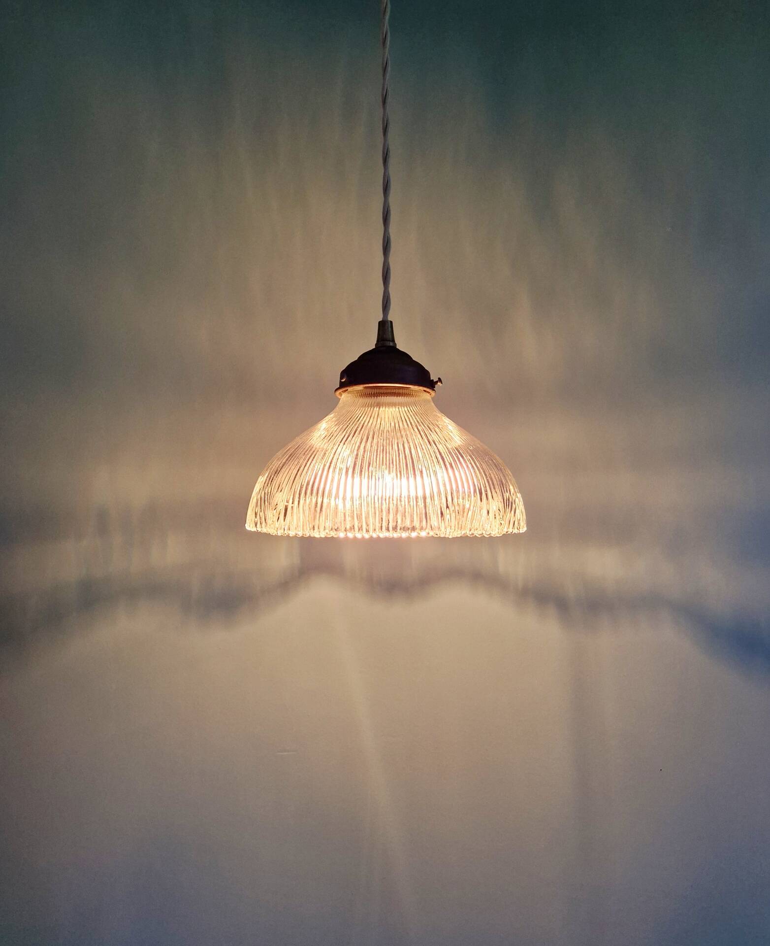 Art Deco ribbed glass suspension, Holophane, 1920-30