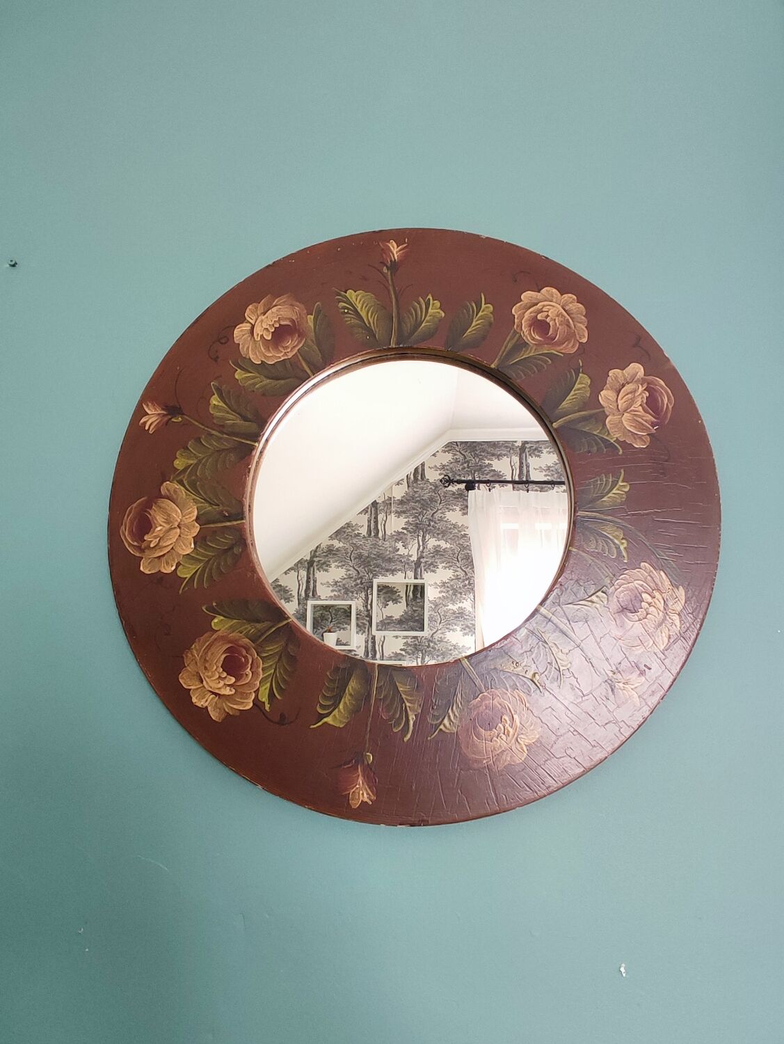 Vintage hand painted wooden round wall mirror