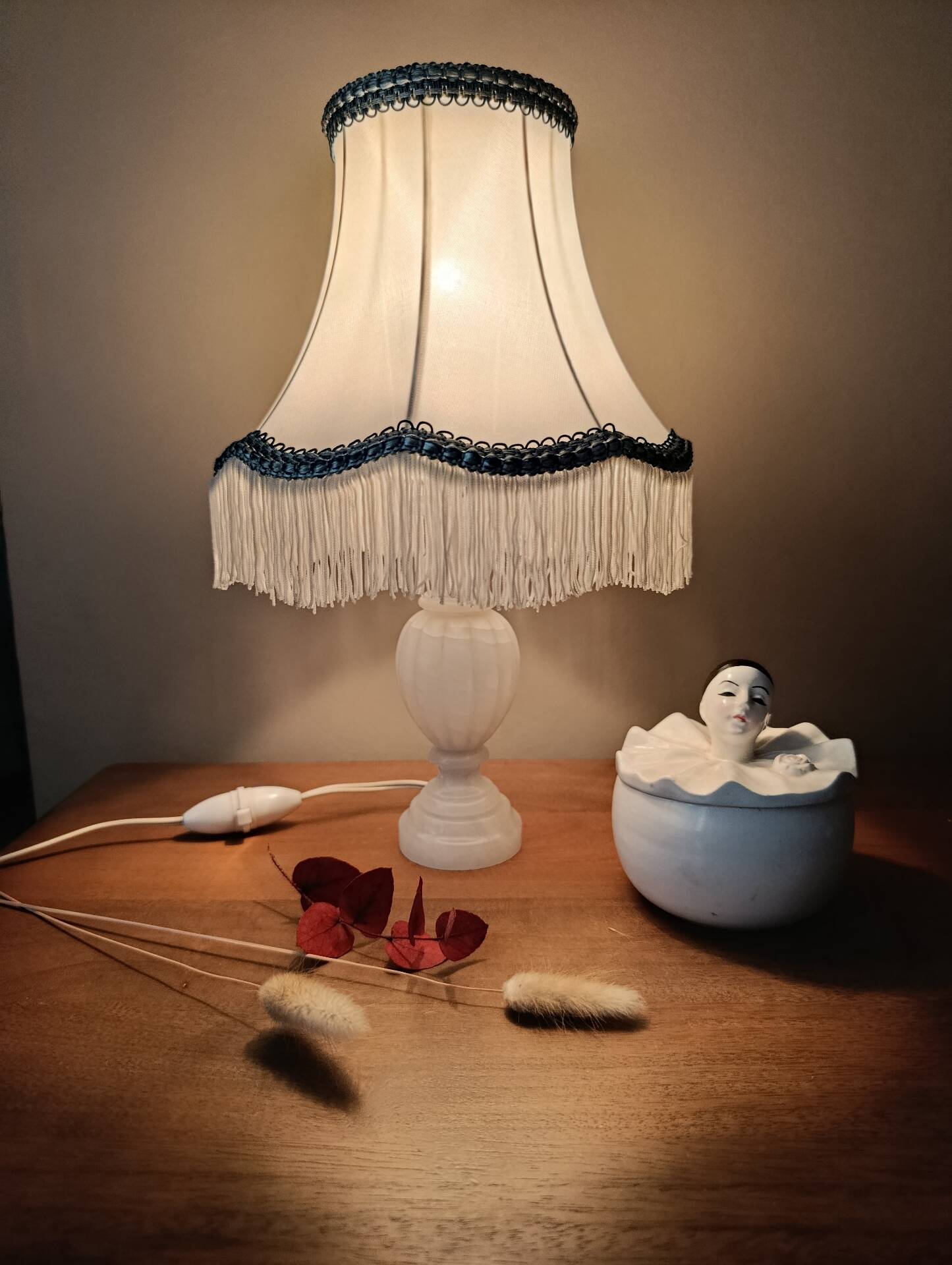 Alabaster lamp, satin white and blue pagoda shade.