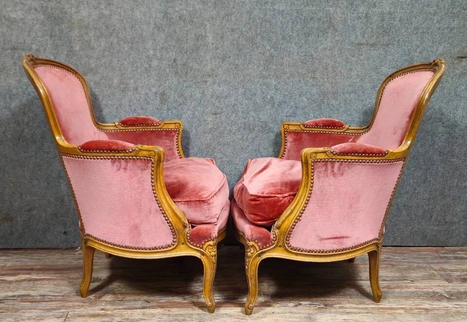 Pair of cabriolet armchairs in Louis XV style – Carved wood – Pink velvet –