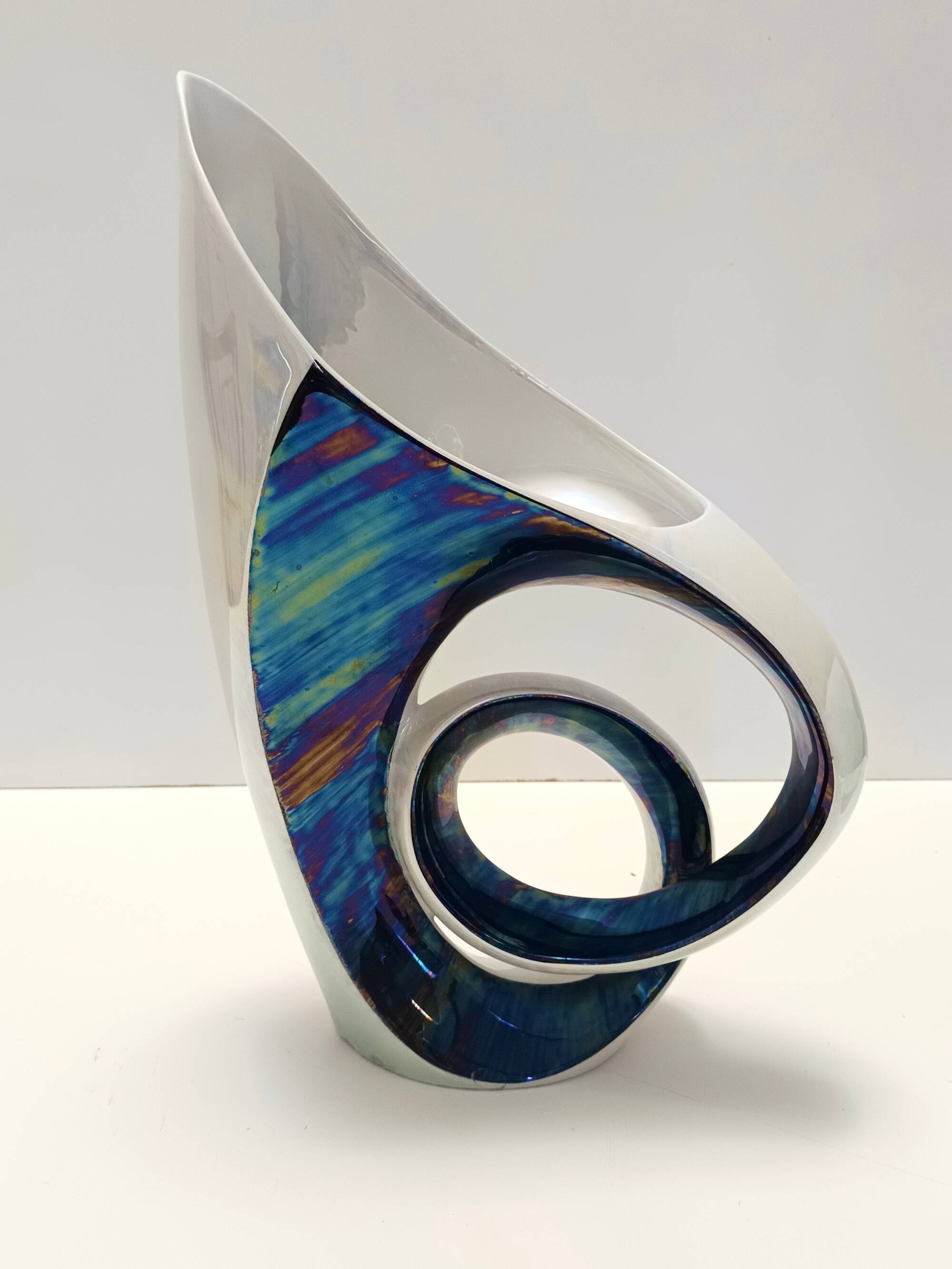 White and Iridescent Blue Ceramic Vase / Centerpiece by Lusso, Italy