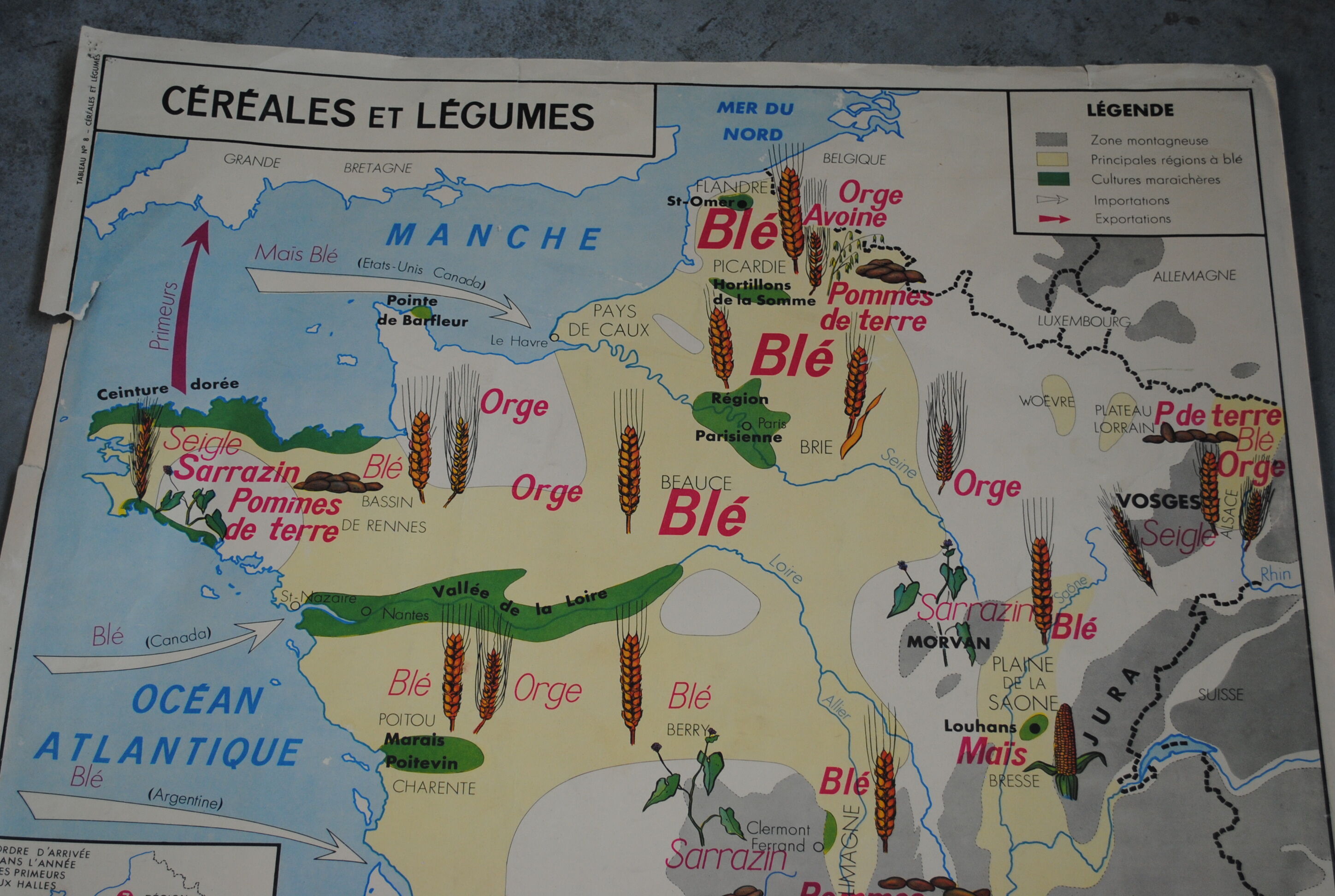 Carte scolaire Rossignol la Seine et ses affluents / céréales et légumes vintage