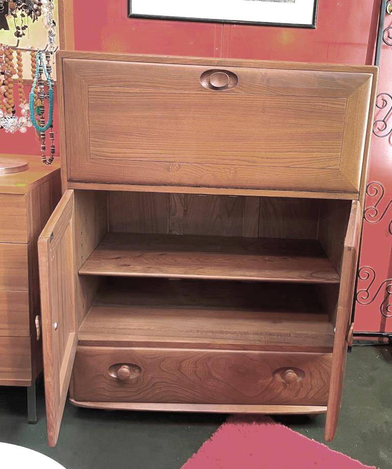 Ercol English wooden secretary, on wheels – 1970s.