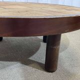 Beech coffee table with a ceramic top featuring a herbarium design.