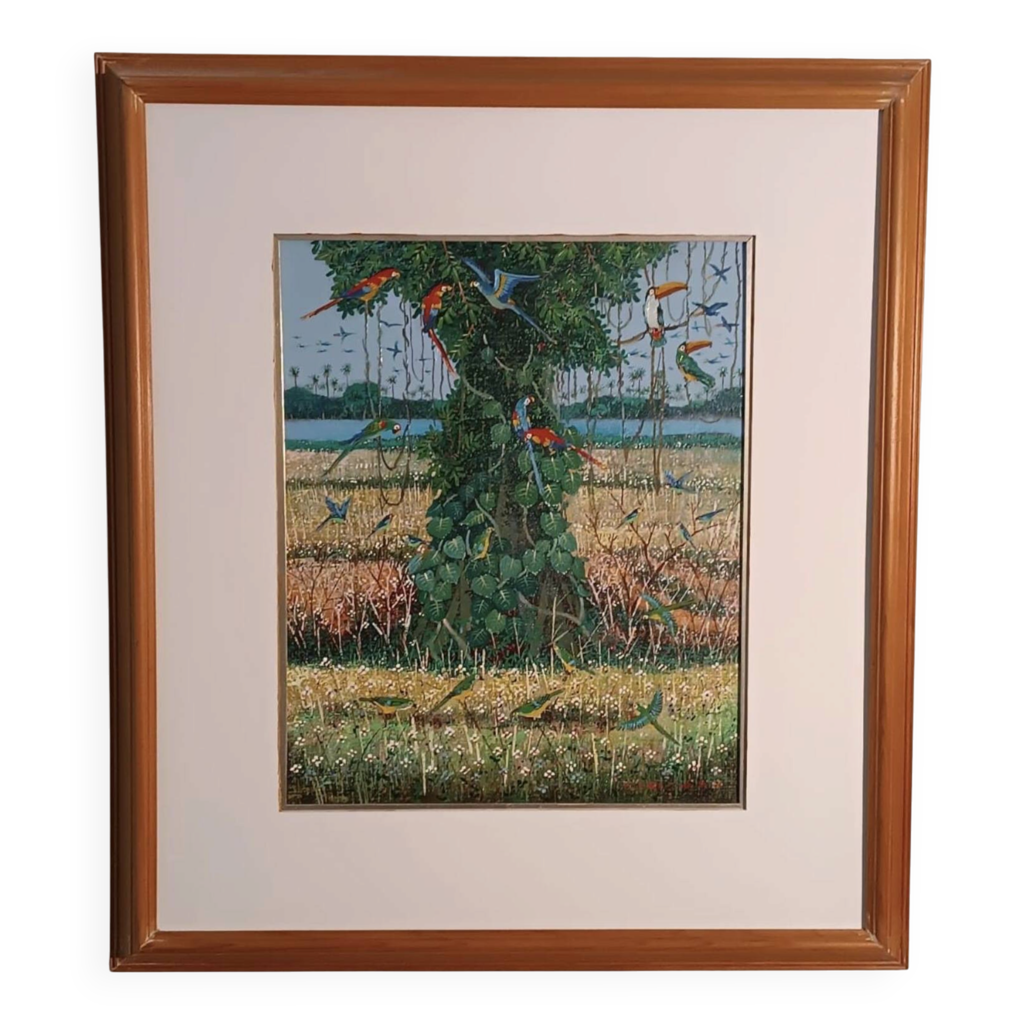 Landscape and exotic birds, signed Iwao Nakajima.