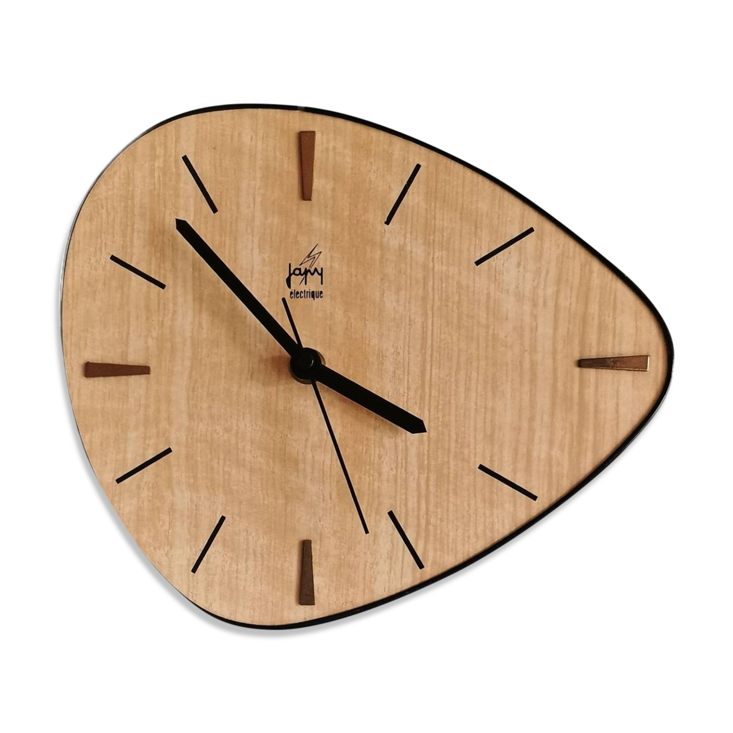 Vintage formica clock silent asymmetrical wall pendulum "Japy wood"