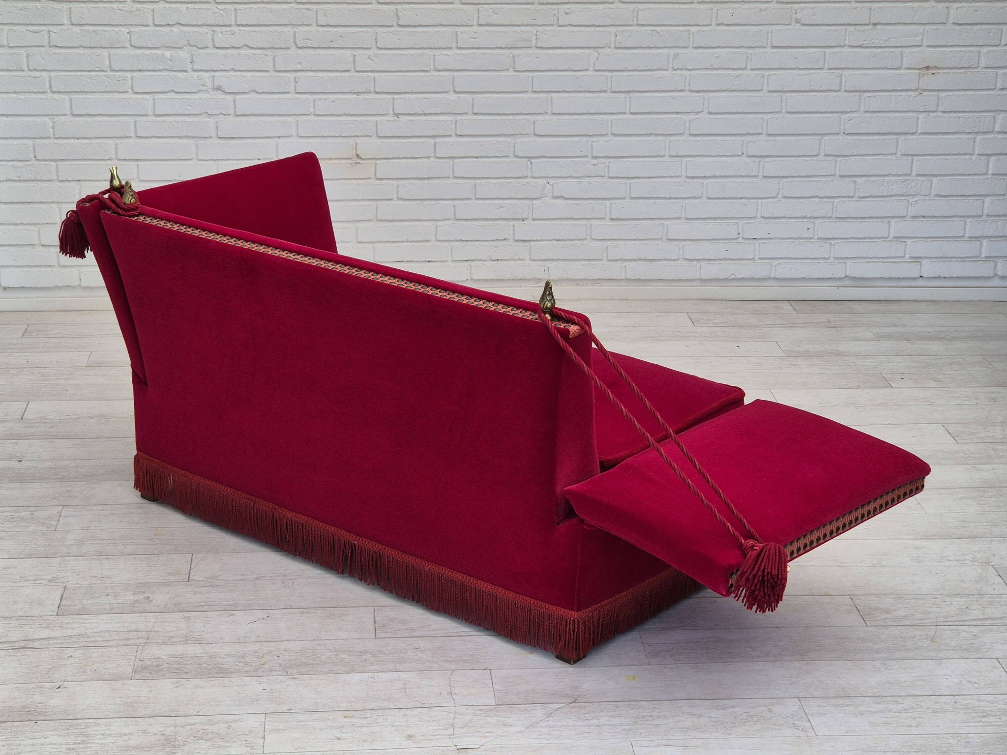 1970s, Danish drop arm "Spanish" sofa, original condition, cherry red furniture velour.