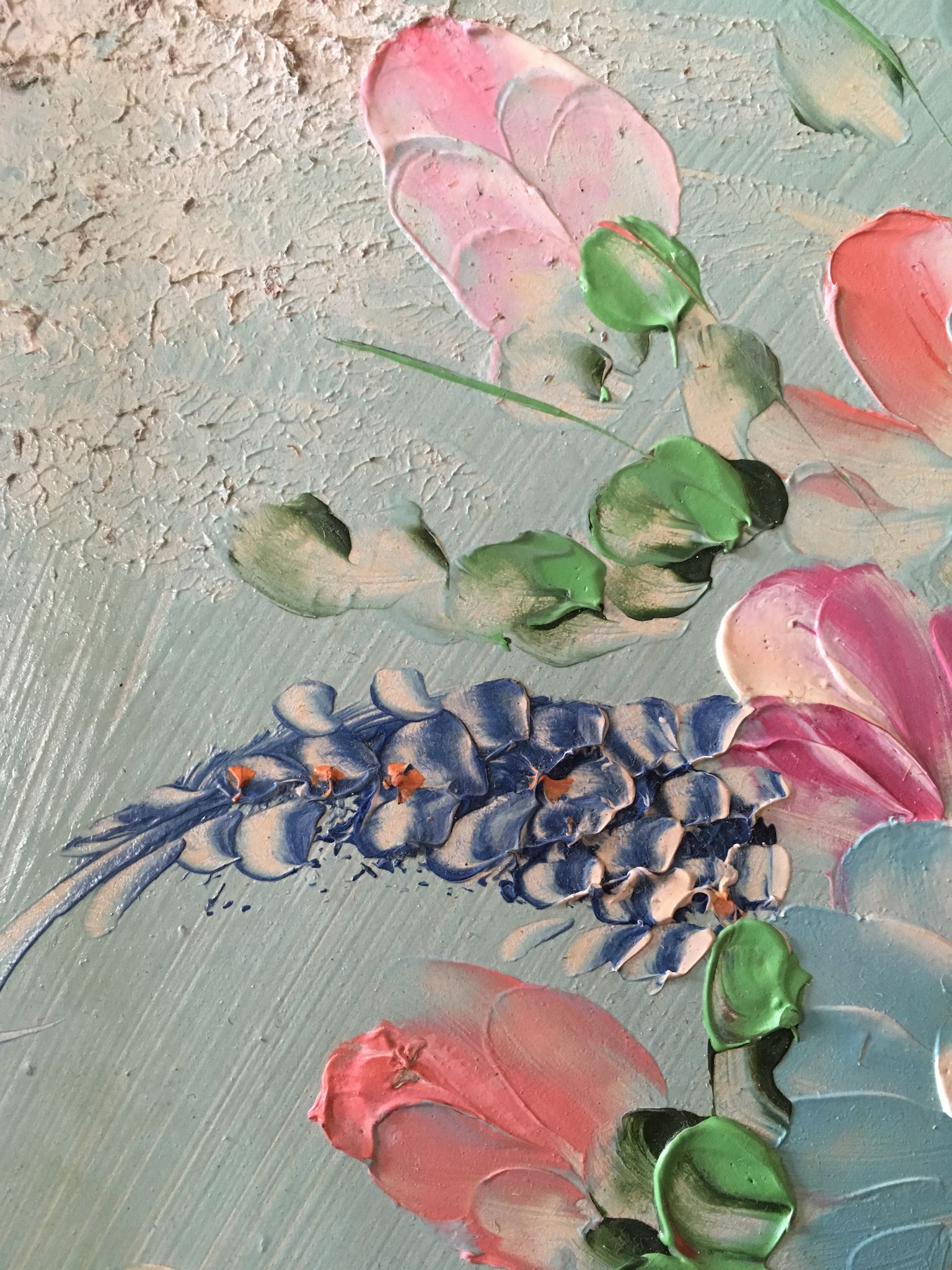 Painting painting in powder pink oil, blue-green