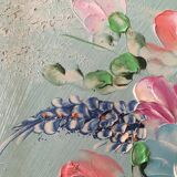 Painting painting in powder pink oil, blue-green