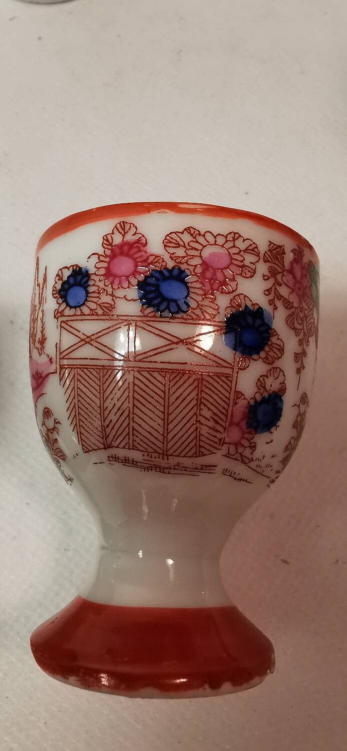 Rare 4 Antique Egg Holders / Egg Cups, Japanese, hand-painted porcelain