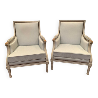 Pair of Louis XVI style armchairs in 20th century patinated beech