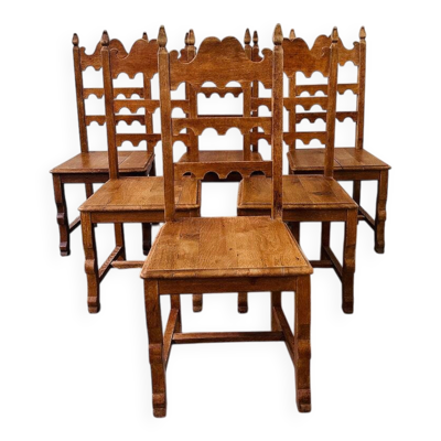 Ensemble de 6 chaises de salle à manger vintage en chêne massif à dossier haut – style rustique européen / revival espagnol