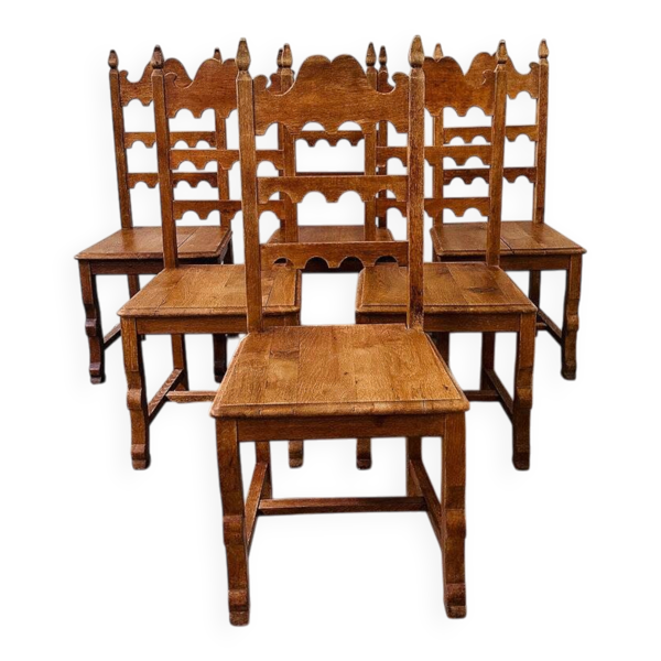 Ensemble de 6 chaises de salle à manger vintage en chêne massif à dossier haut – style rustique européen / revival espagnol