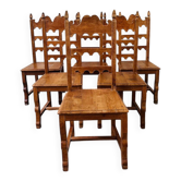 Set of 6 vintage solid oak high-back dining chairs – rustic European / Spanish revival