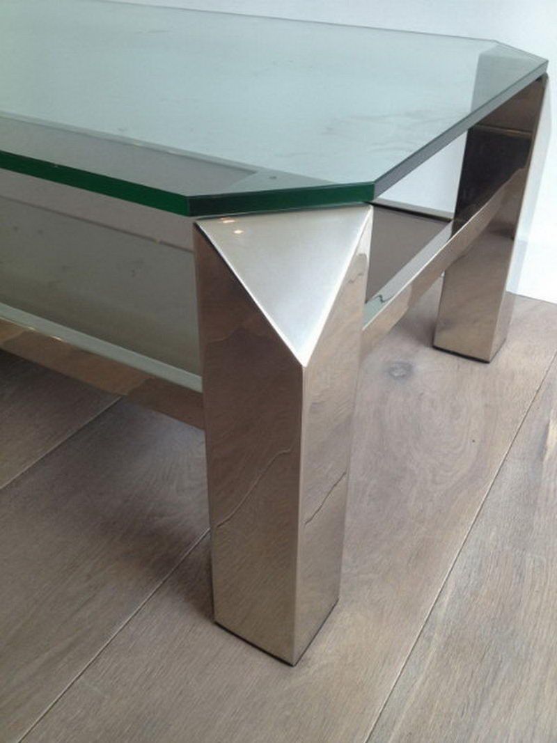Table basse chromée à plateaux de verre et miroir