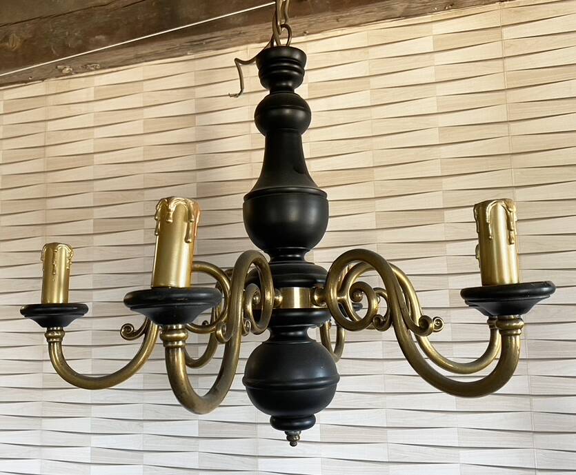 Wood and brass pendant light, black and gold, vintage, 60s.