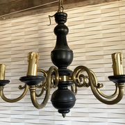 Wood and brass pendant light, black and gold, vintage, 60s.