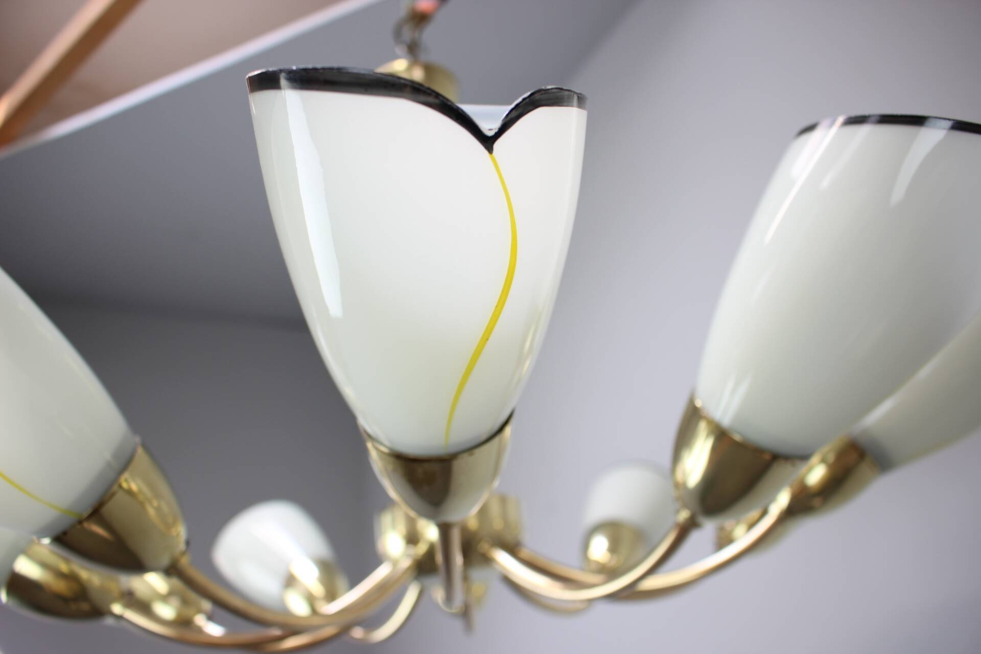 Brass and glass ten-arm chandelier from the mid-century, 1960s.