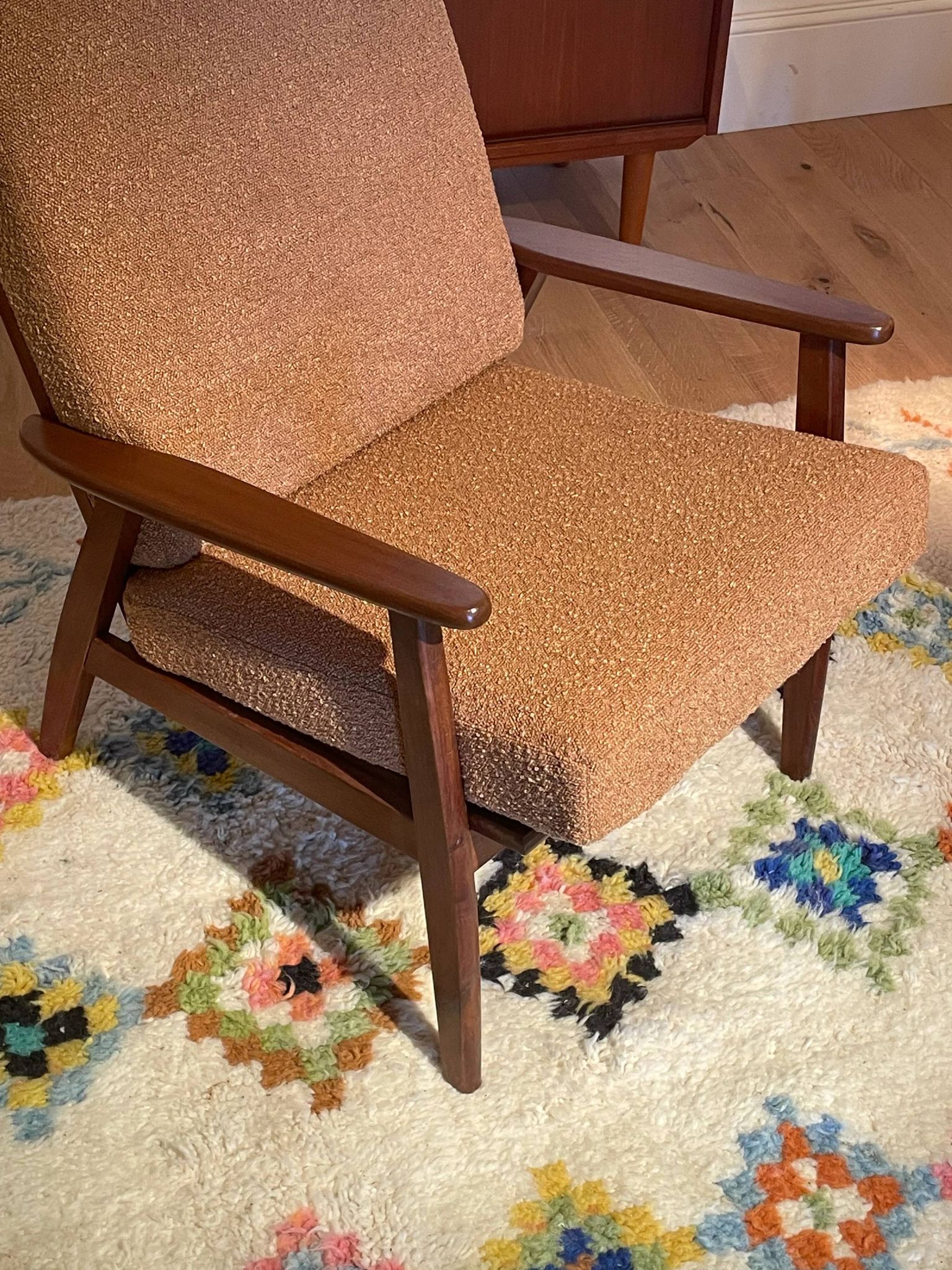 Vintage Scandinavian armchair "Theodor" in terracotta boucle.