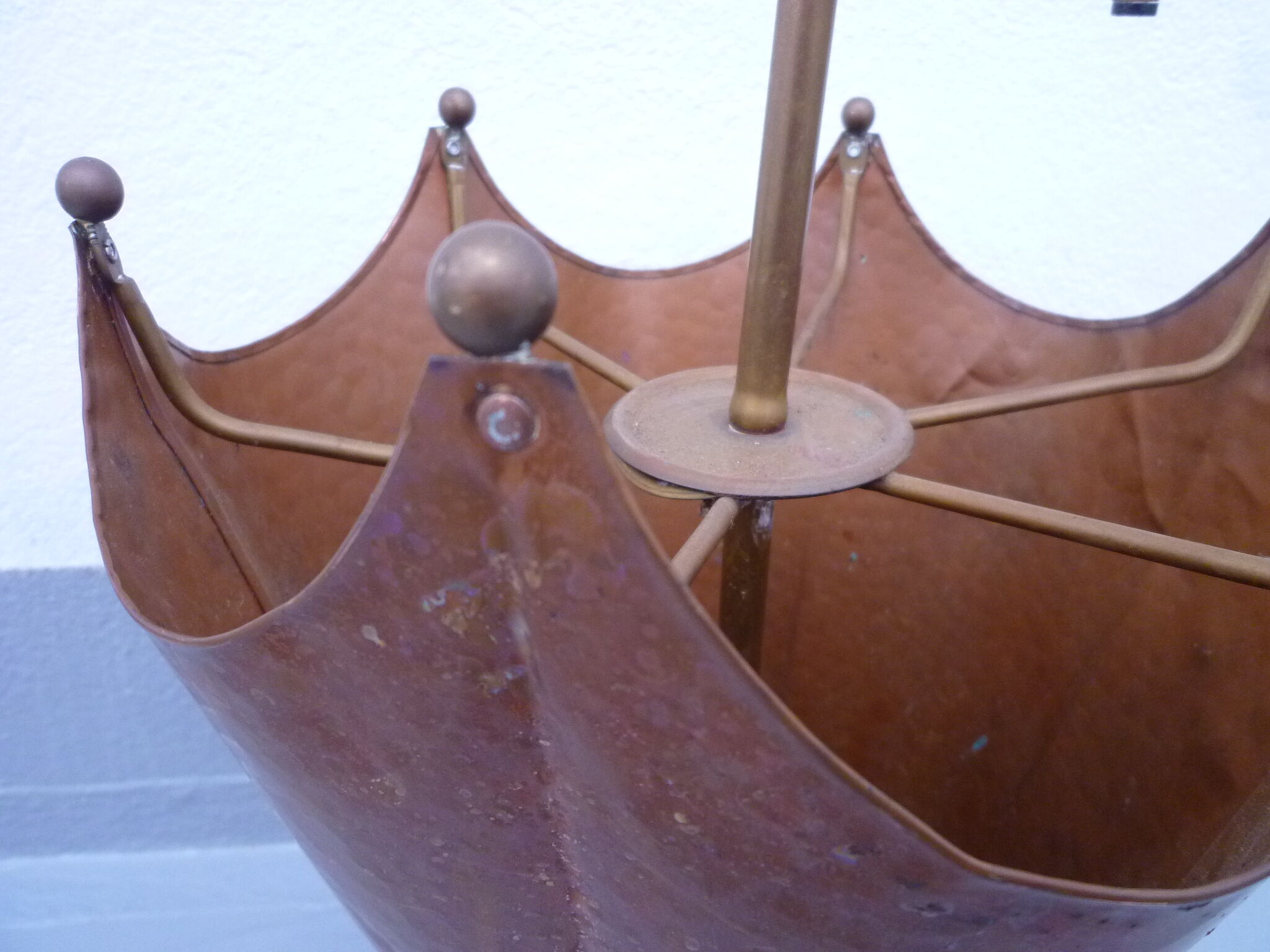 Hammered copper umbrella stand and brass