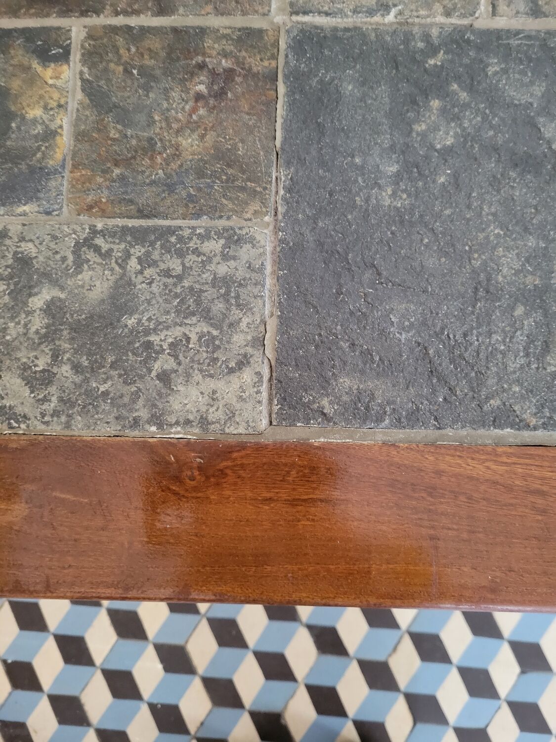 Brutalist coffee table wood and slate