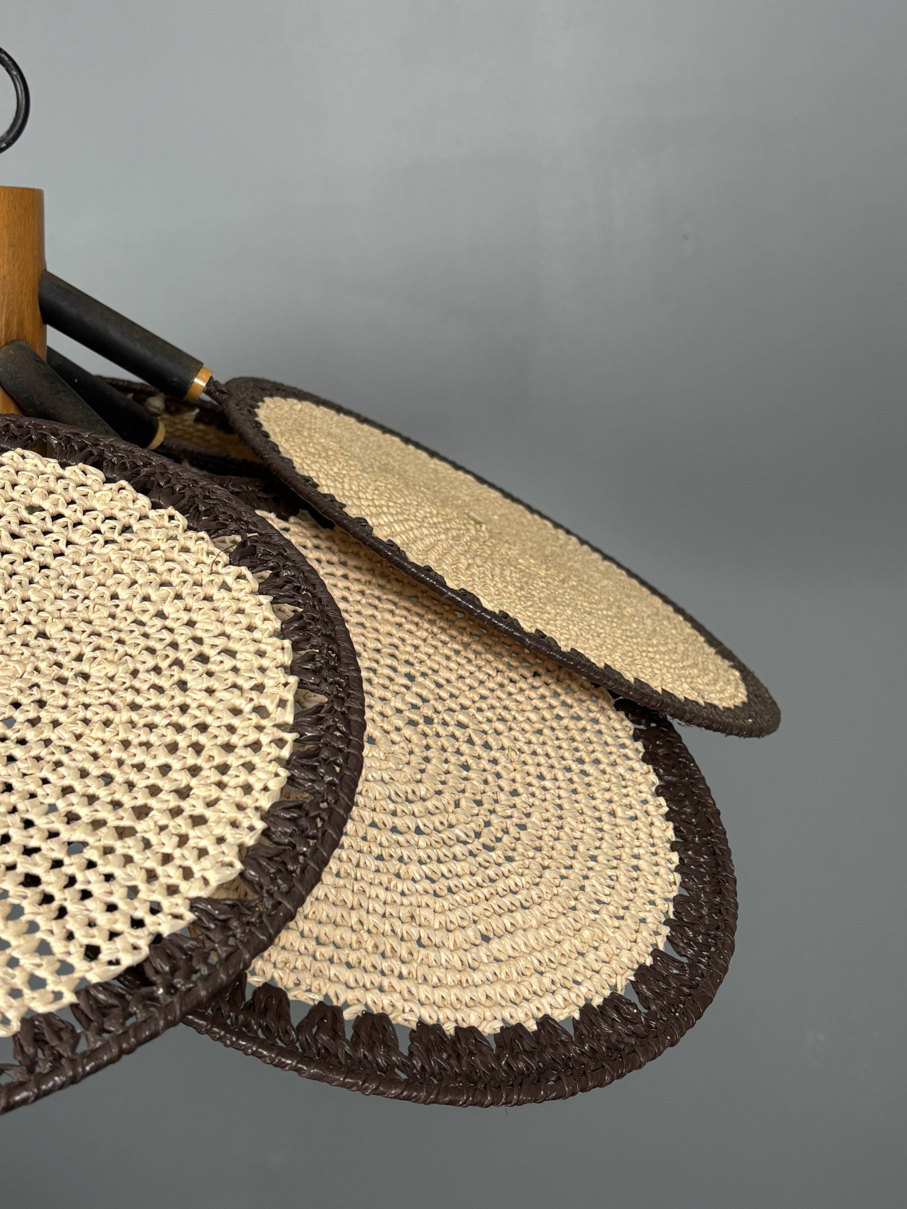 Midcentury uchiwa fan macrame fiber rattan hanging pendant lamp, 1970s