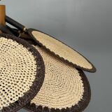 Midcentury uchiwa fan macrame fiber rattan hanging pendant lamp, 1970s
