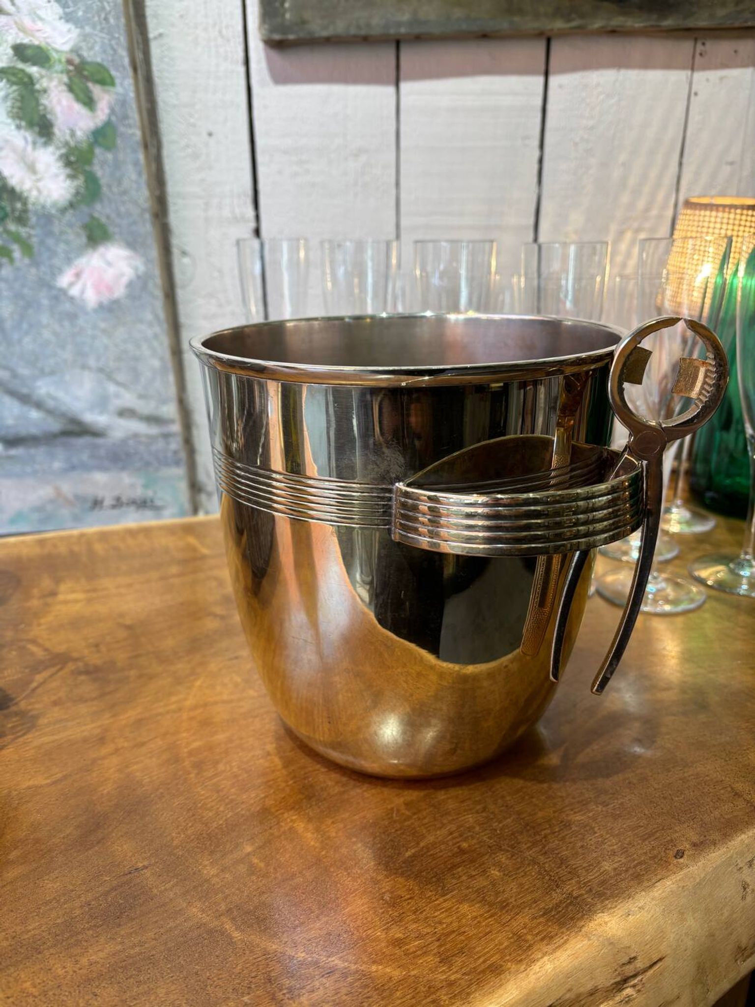Alpaca champagne bucket from the 1920s with its monopole tongs.