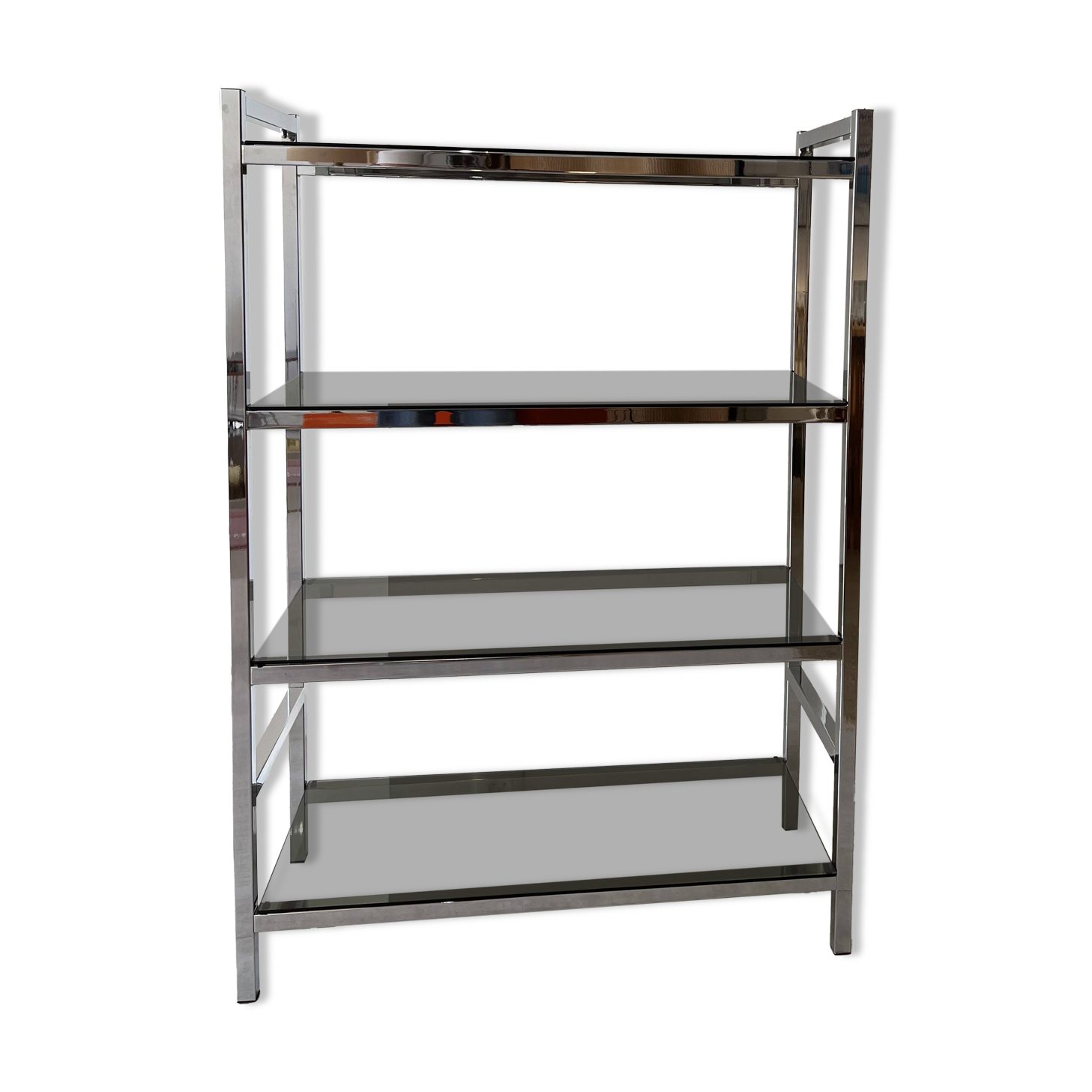 Chrome and smoked glass bookcase/shelf, circa 1970