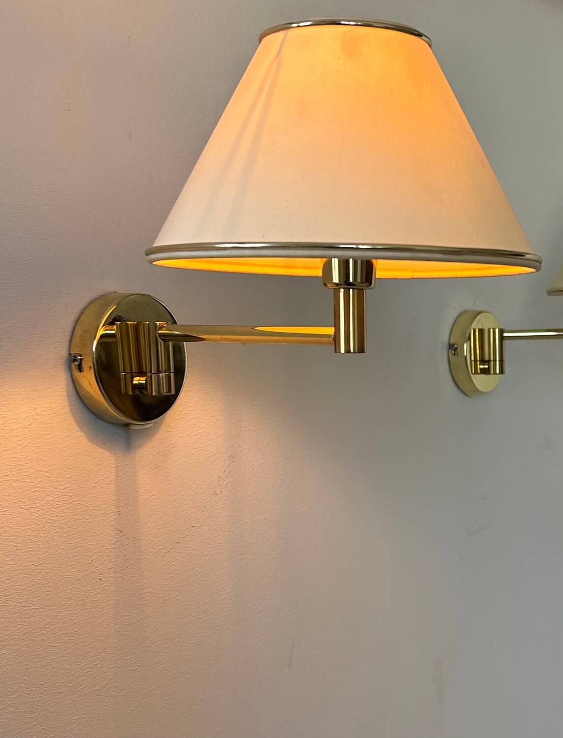 Vintage adjustable wall lamp, brass and beige fabric, France 1970